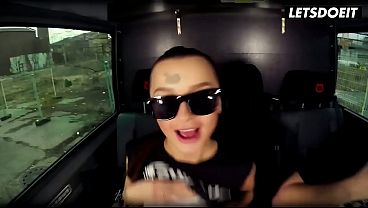 Tattooed Babe Flashes Big Tits in Public Van Then Spreads Wide and Fingers Her Wet Pussy