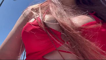 artemisia Love sexy Italian milf big perfect tits outdoor publuc walk wearing red